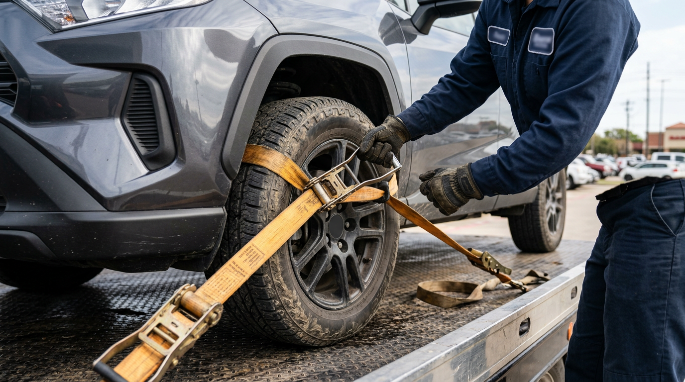 Tow operator securing the front tire of an SUV with a ratchet strap on a flatbed truck