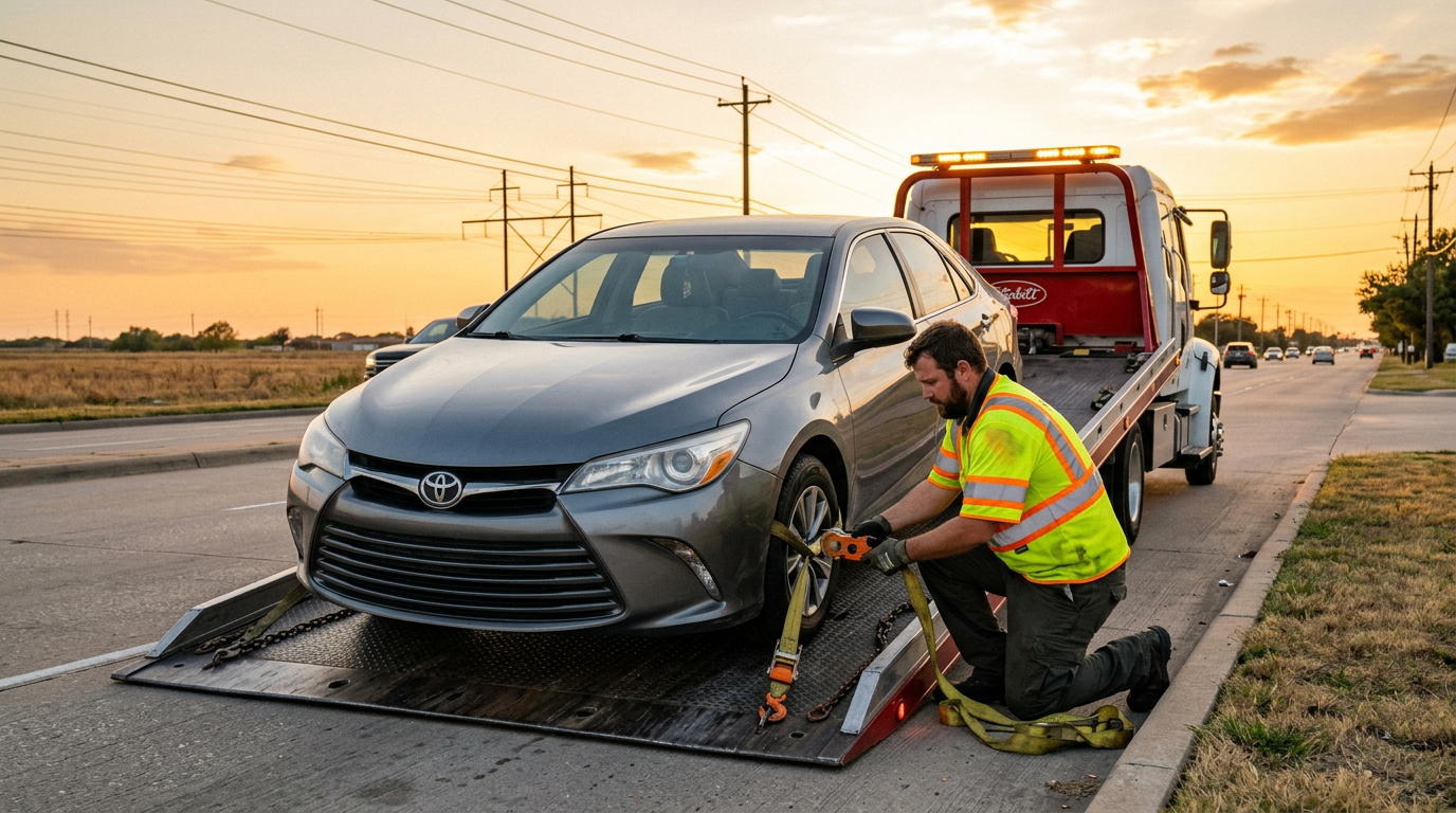 Tow operator in a high-visibility vest securing a gray sedan on a flatbed tow truck on a Texas road at golden hour