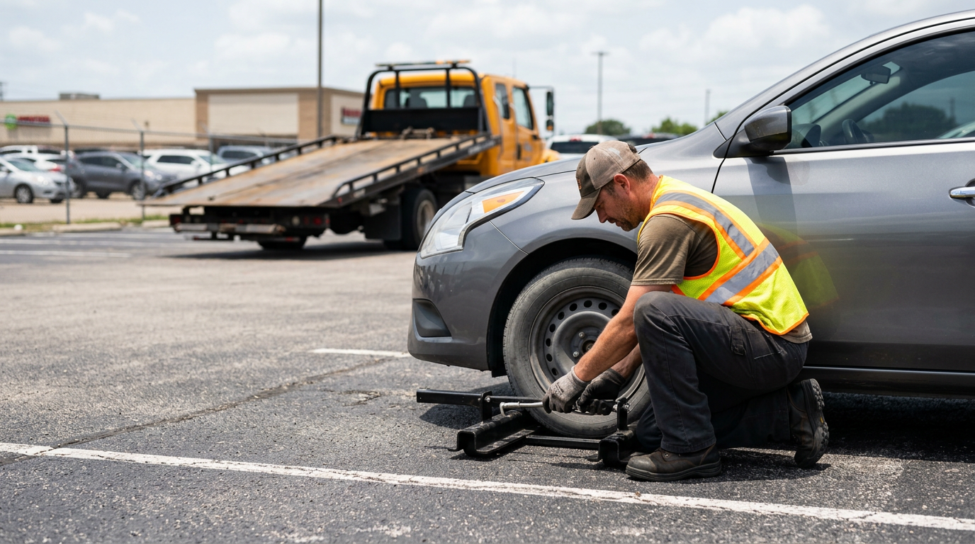 Tow operator positioning wheel dollies beside the front tire of a gray sedan before loading it onto a flatbed