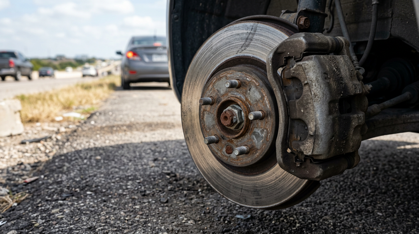 Close-up of a scored brake rotor and worn brake pad on a car stopped on a Texas highway shoulder