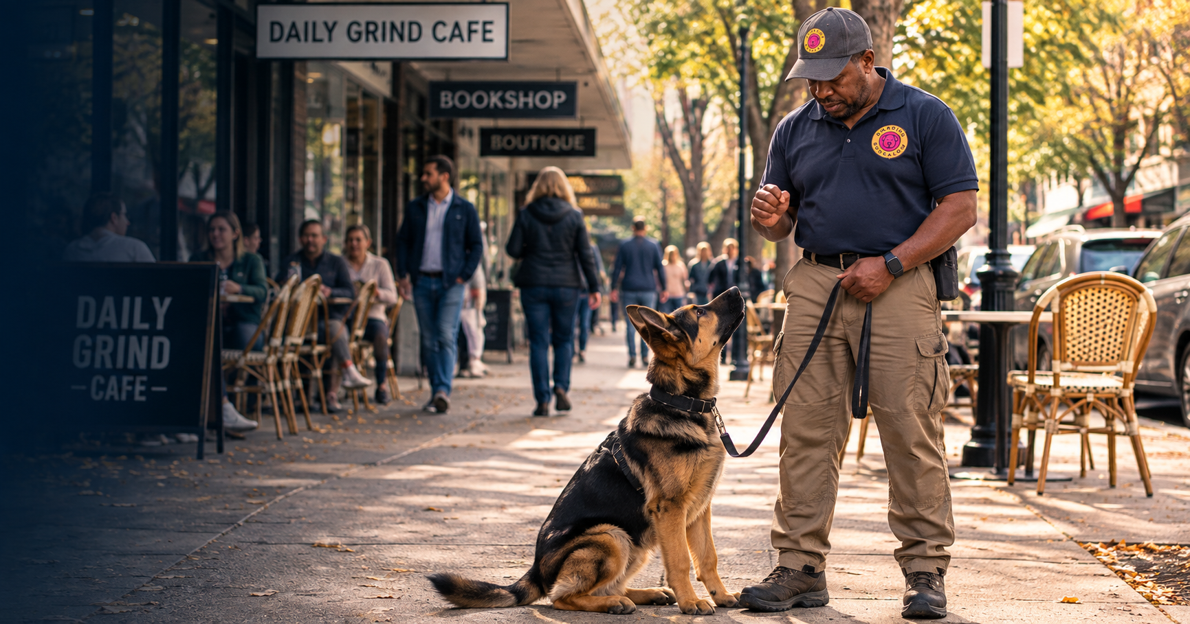 A Boarding Bungalow trainer working with a dog in a real-world setting