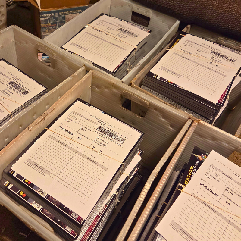Postcards bundled in USPS bins ready for delivery