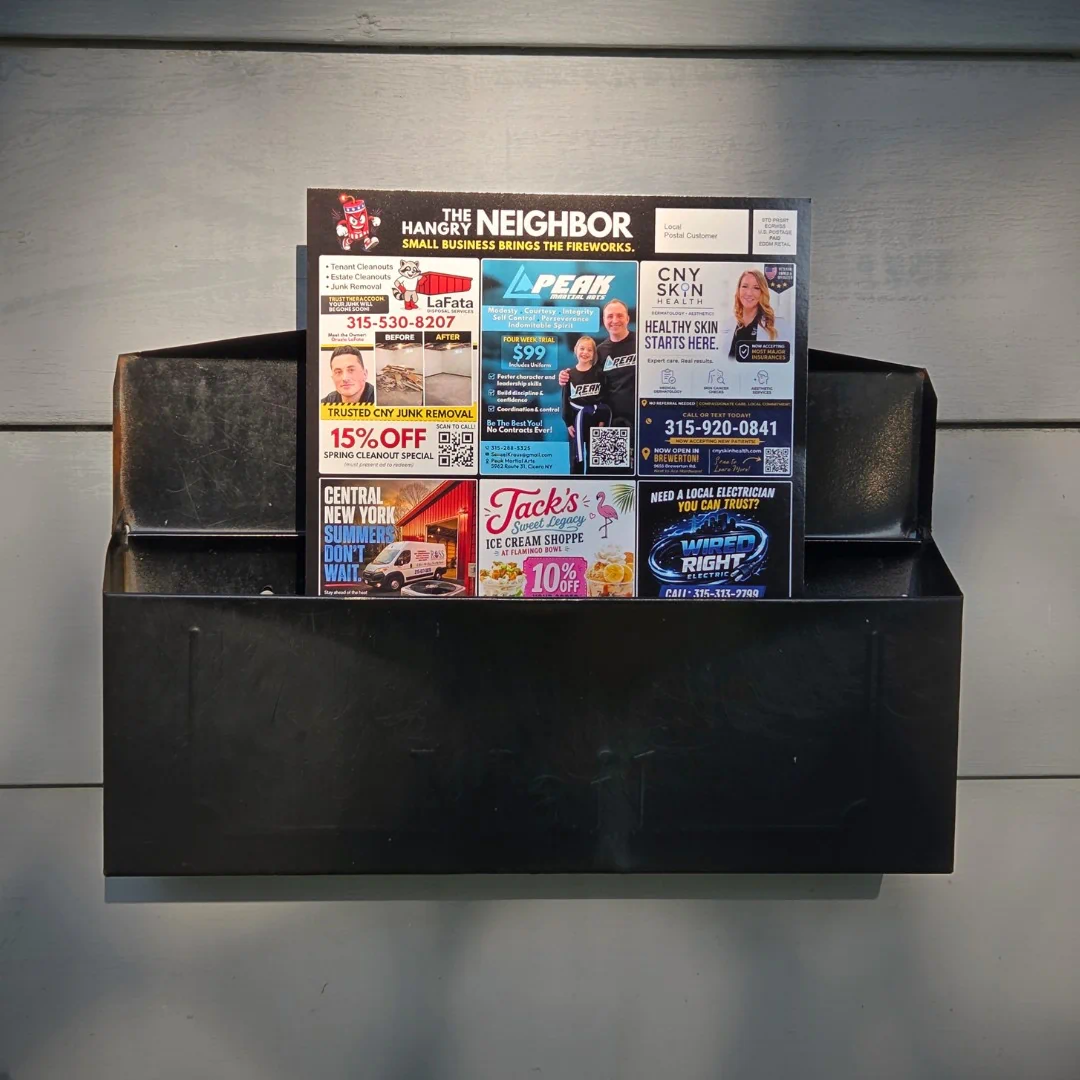 The Hangry Neighbor postcard arriving in a neighborhood mailbox