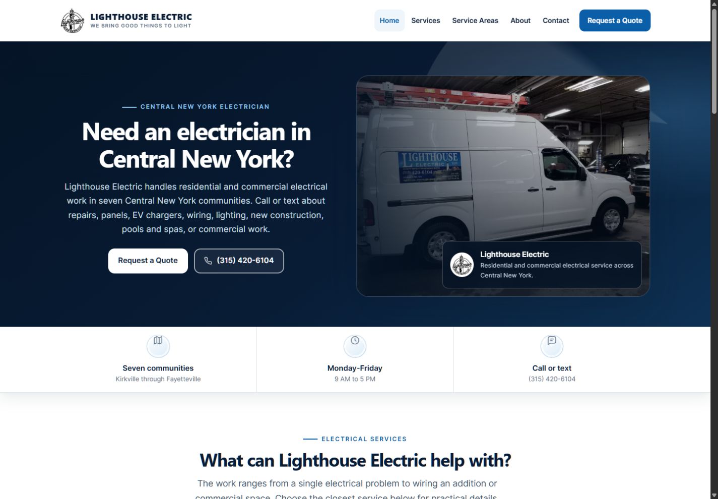 Lighthouse Electric website, showing its services and work van