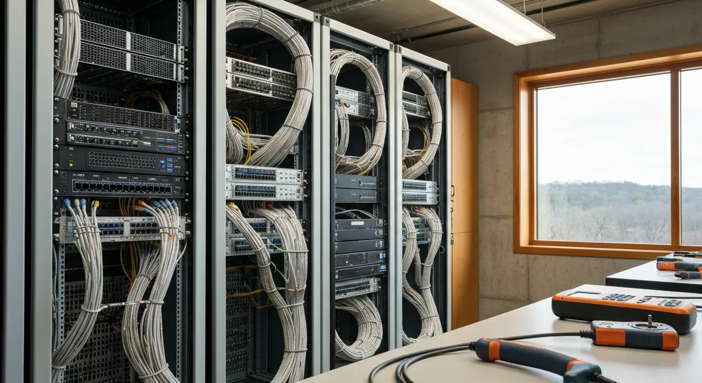 Network room with organized racks and cables