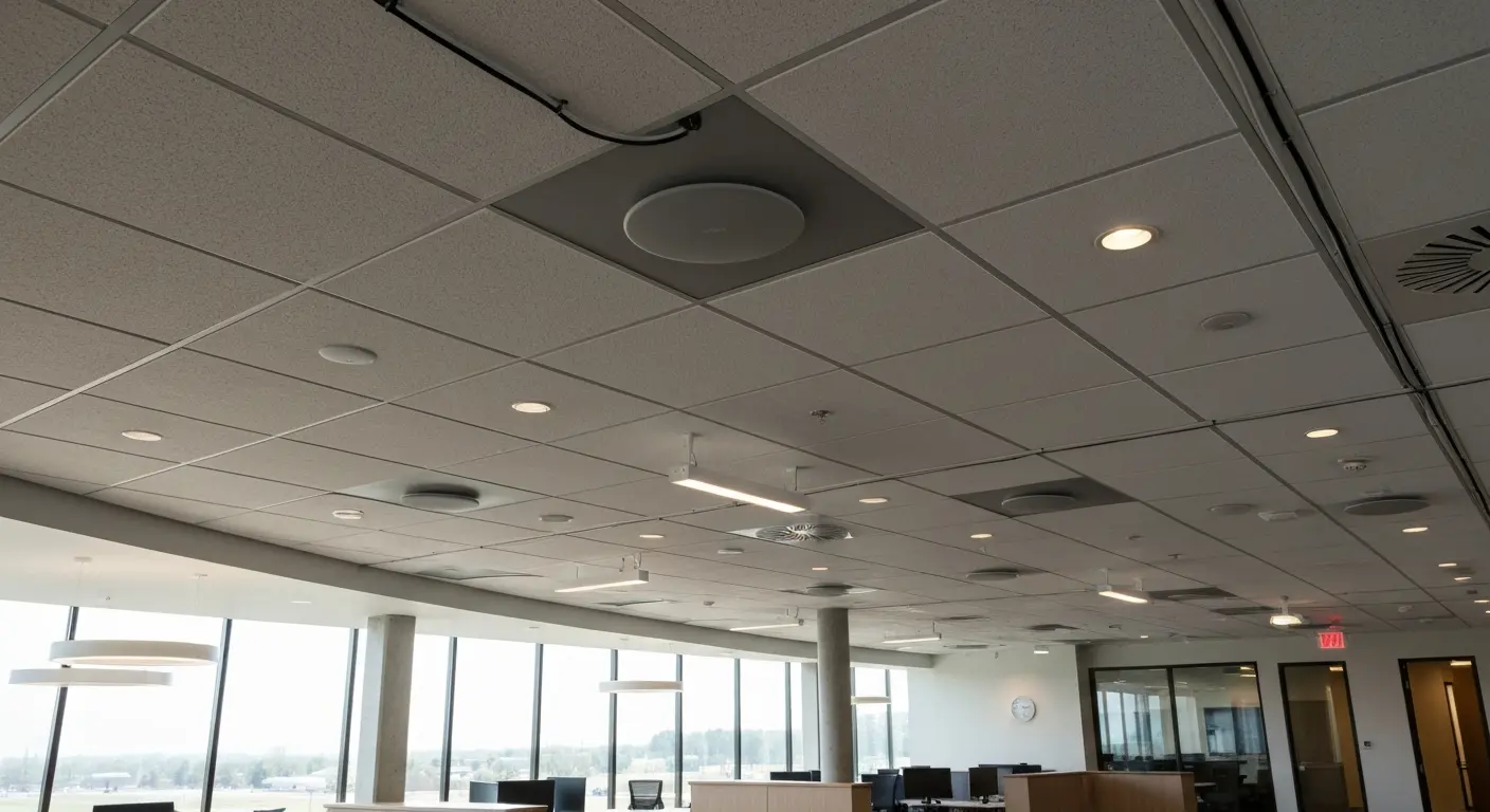 Ceiling-mounted sound masking speakers in an open office environment