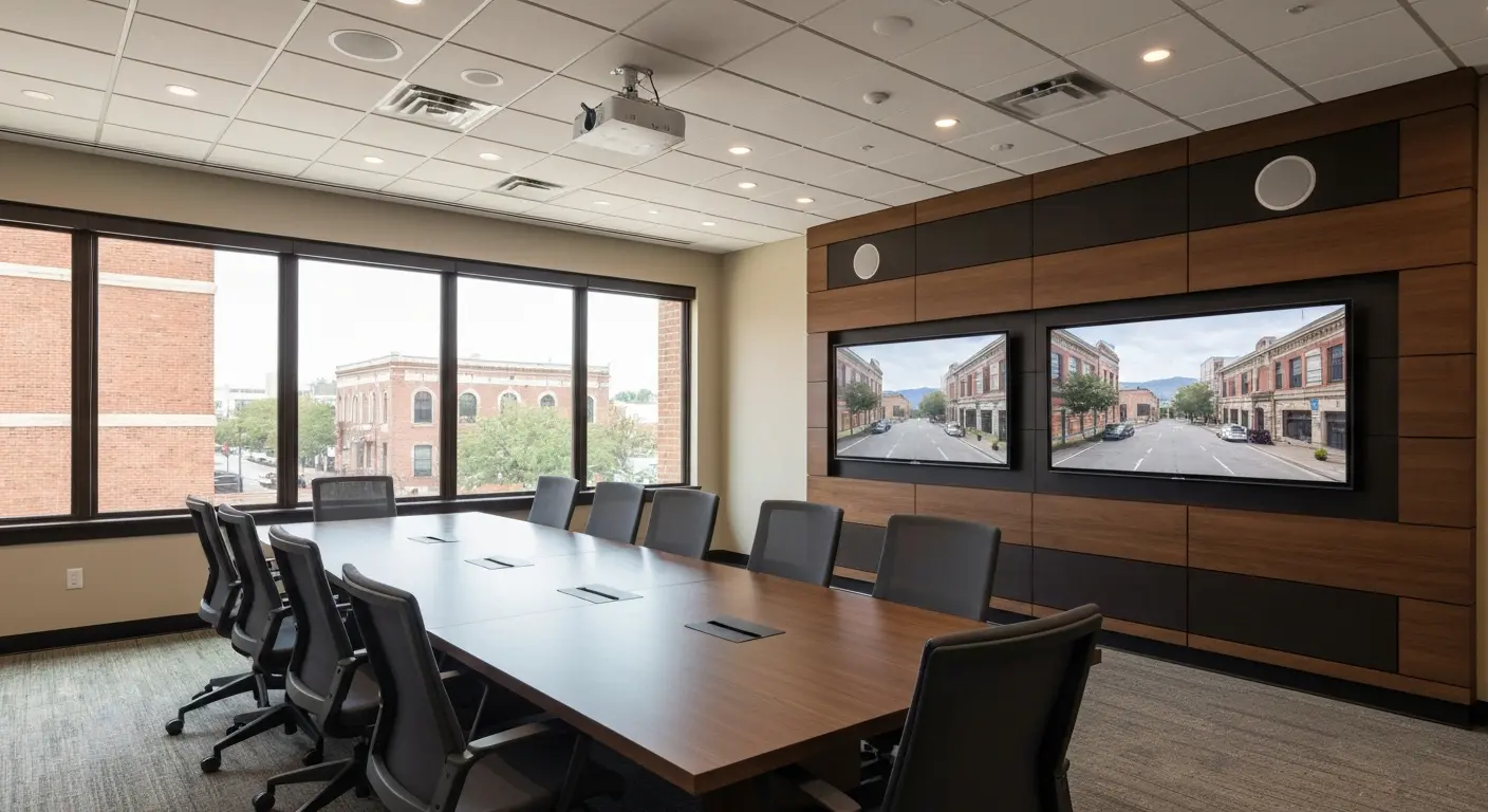 Corporate boardroom with AV displays and sound system