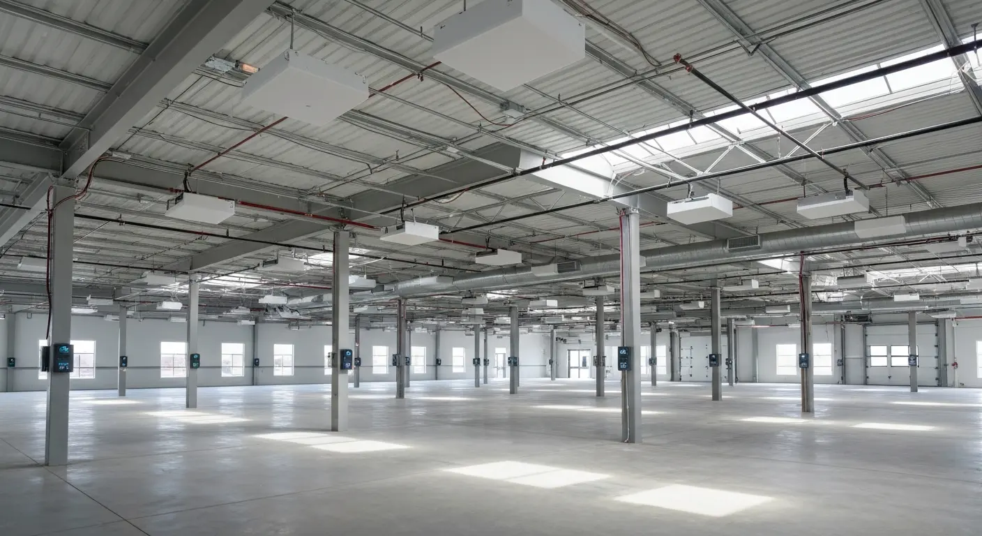 Professional speaker installation in a commercial warehouse or manufacturing facility