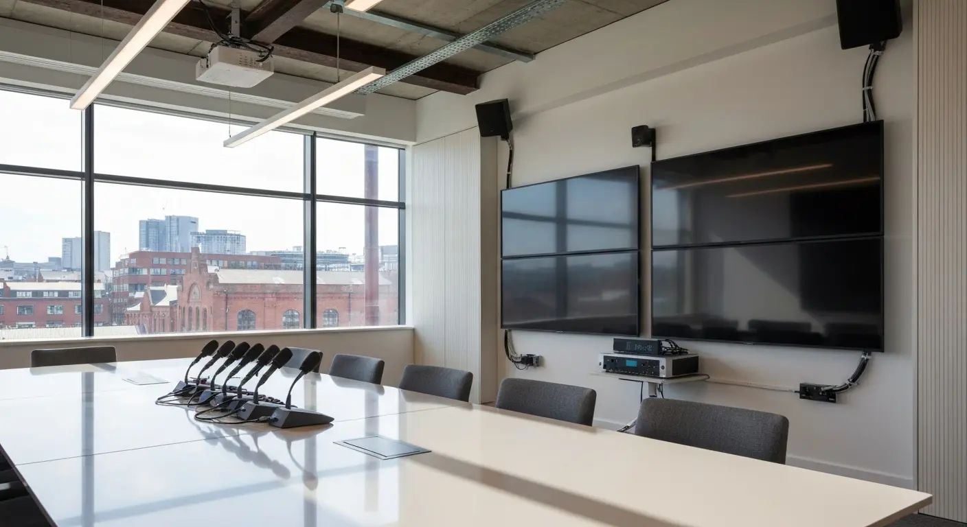 Conference room with displays and microphone array
