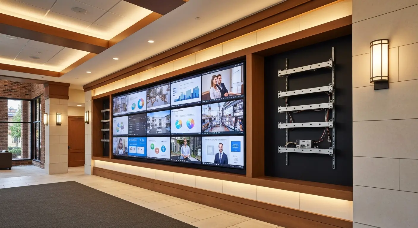Multi-screen video wall displaying business content in a commercial lobby