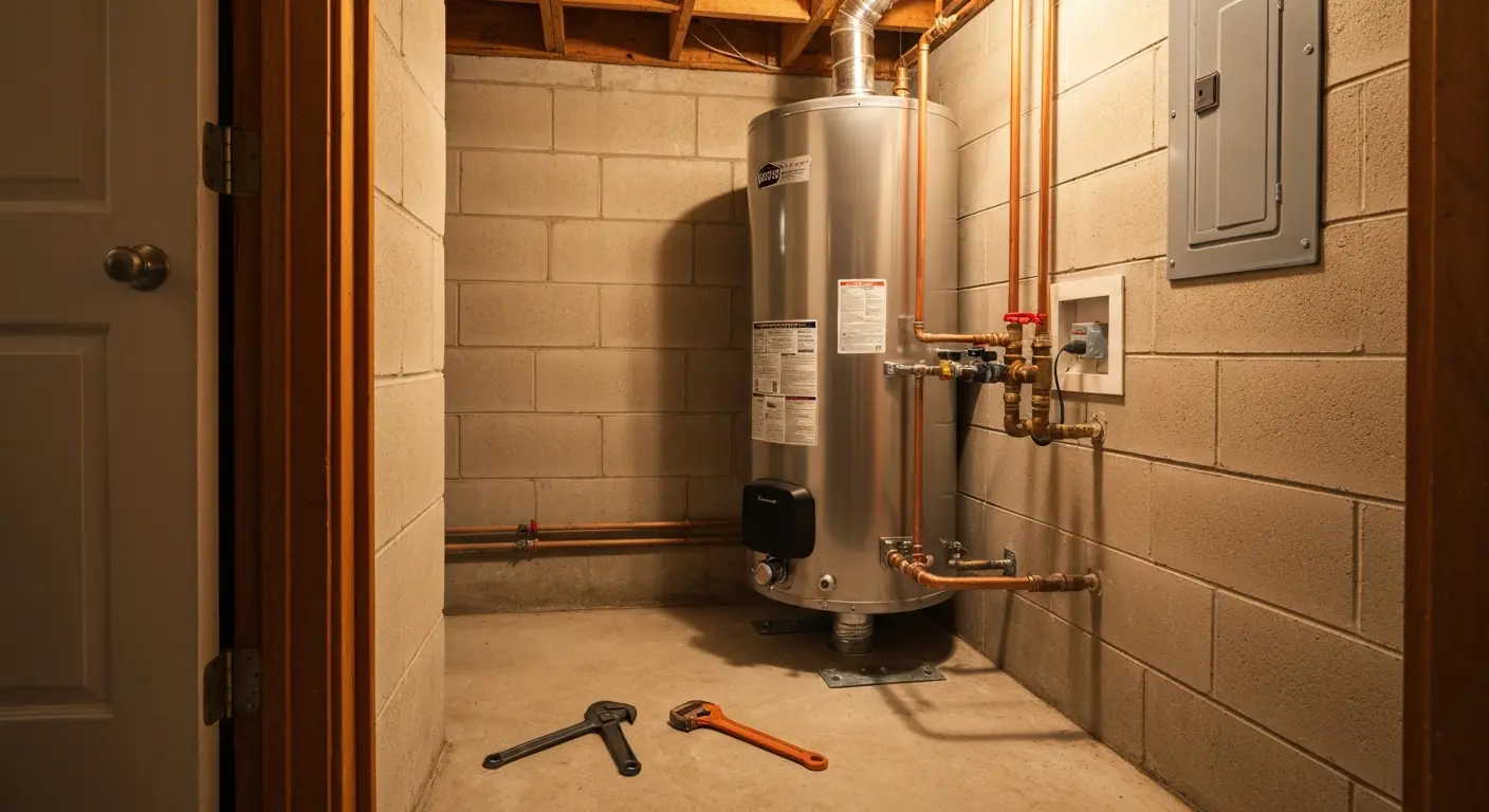 Gas water heater installation in residential home
