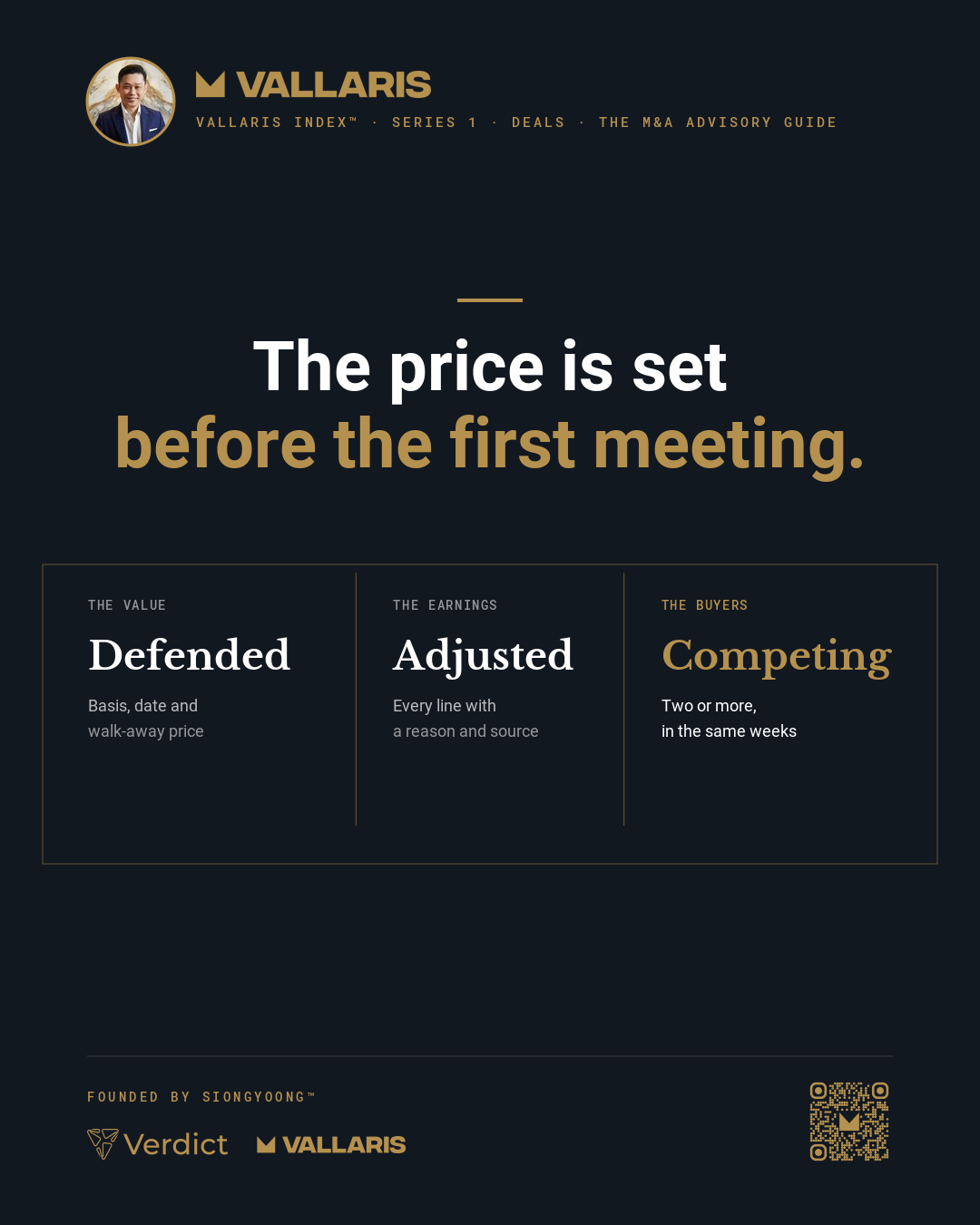Before the first meeting, three things are already in place: a defended value, adjusted earnings with a source for every line, and more than one buyer at the same time.