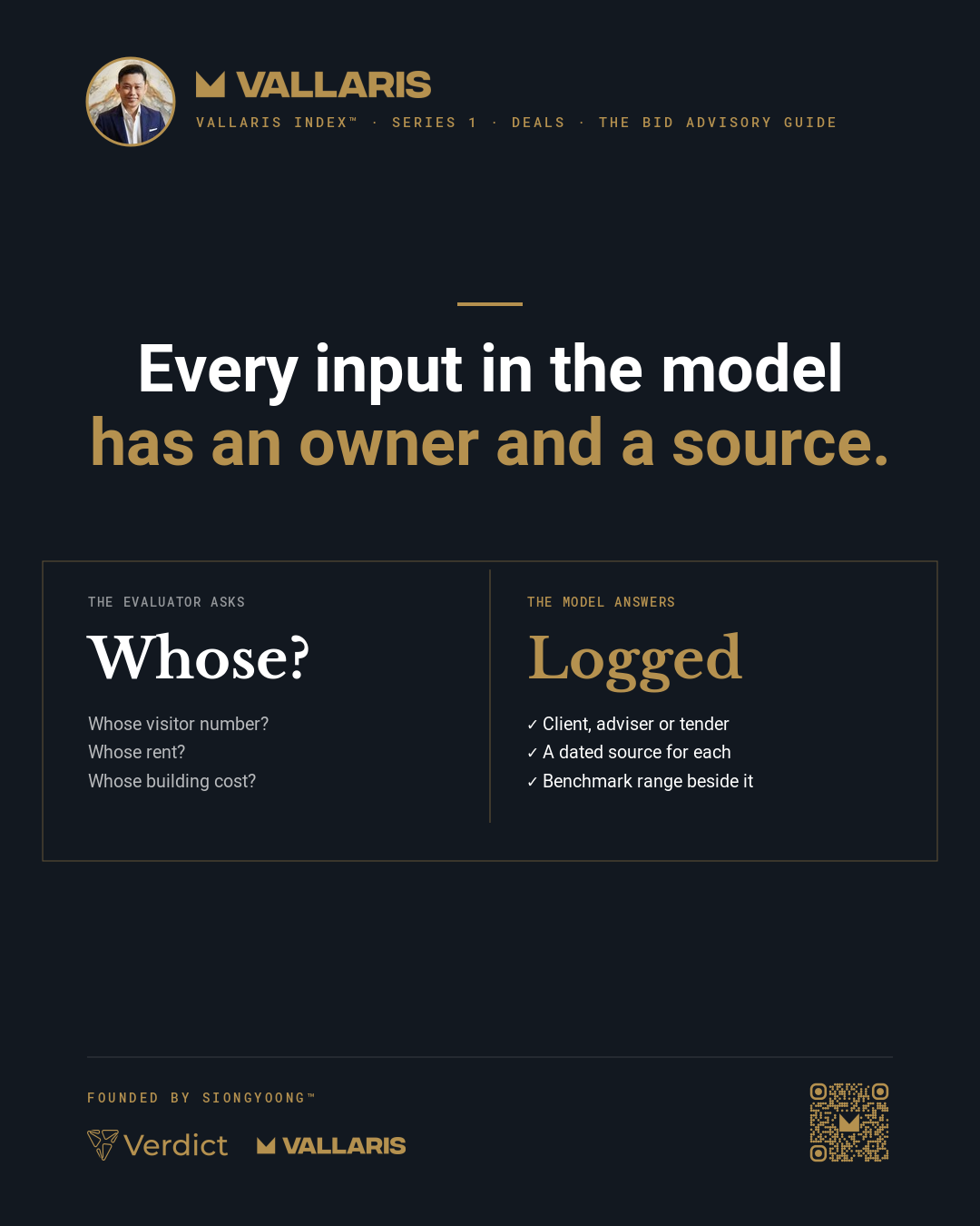 The evaluator asks whose number each input is; a tender model logs every input with its owner, a dated source and the benchmark range beside it.