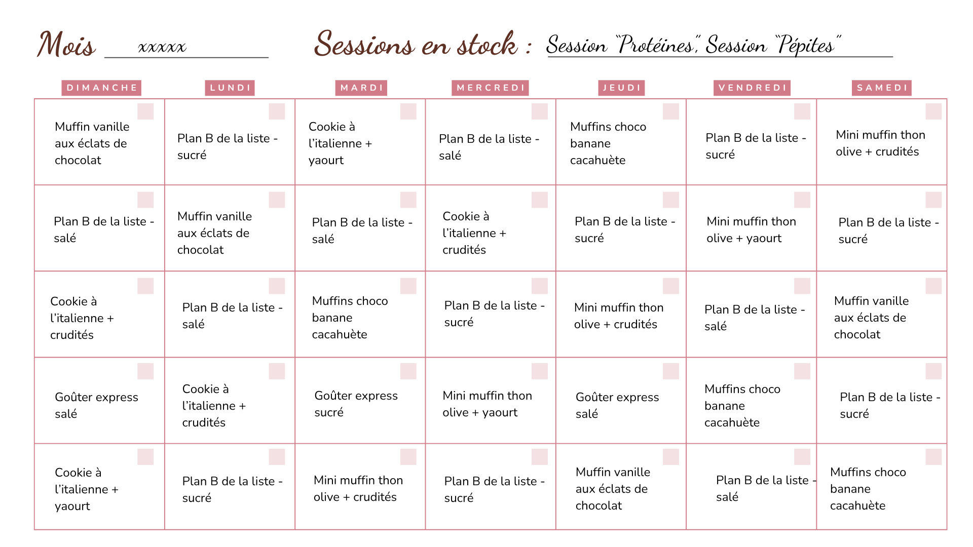 Exemple de calendrier mensuel Routine Maxi Mini