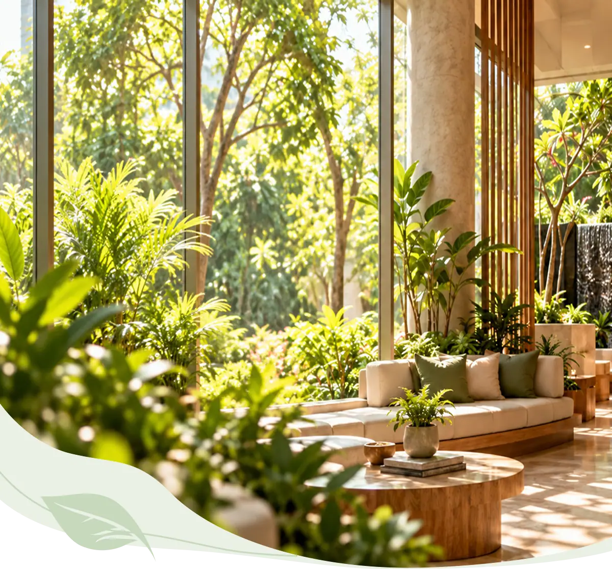 Sunlit Atos Wellness lounge with plants and wooden seating