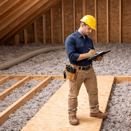 Kingston insulation worker inspecting attic insulation