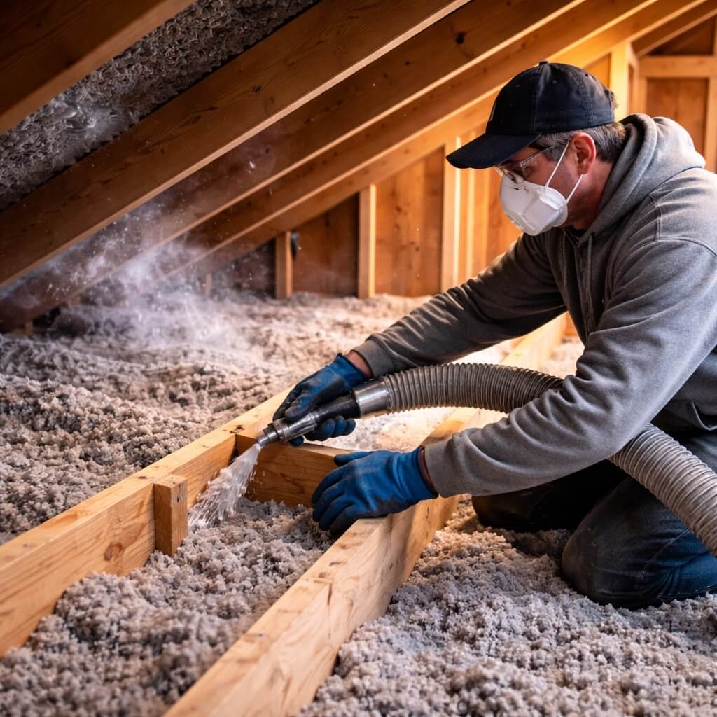 Blowing cellulose insulation in Kingston attic
