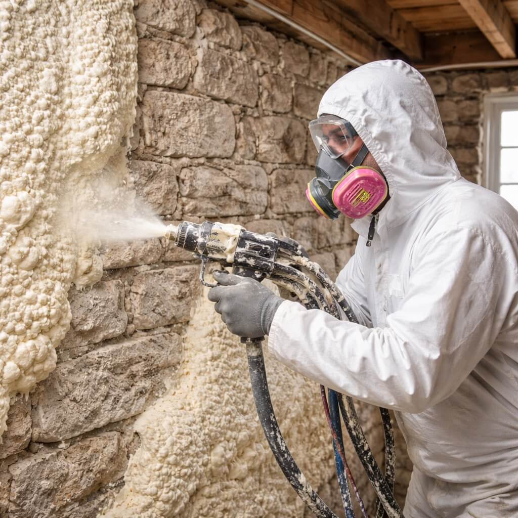 Spray foam on limestone basement walls in old Kingston home