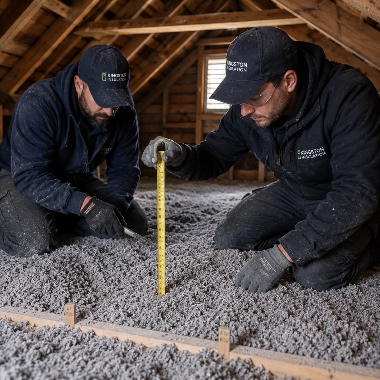 Inspecting depth of cellulose insulation Kingston attic Inspecting depth of cellulose insulation Kingston attic