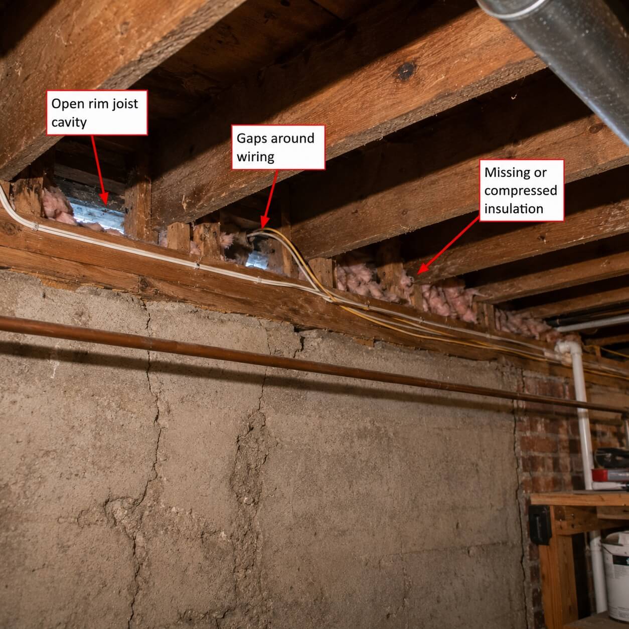 Gaps in basement rim joist insulation in Kingston Gaps in basement rim joist insulation in Kingston