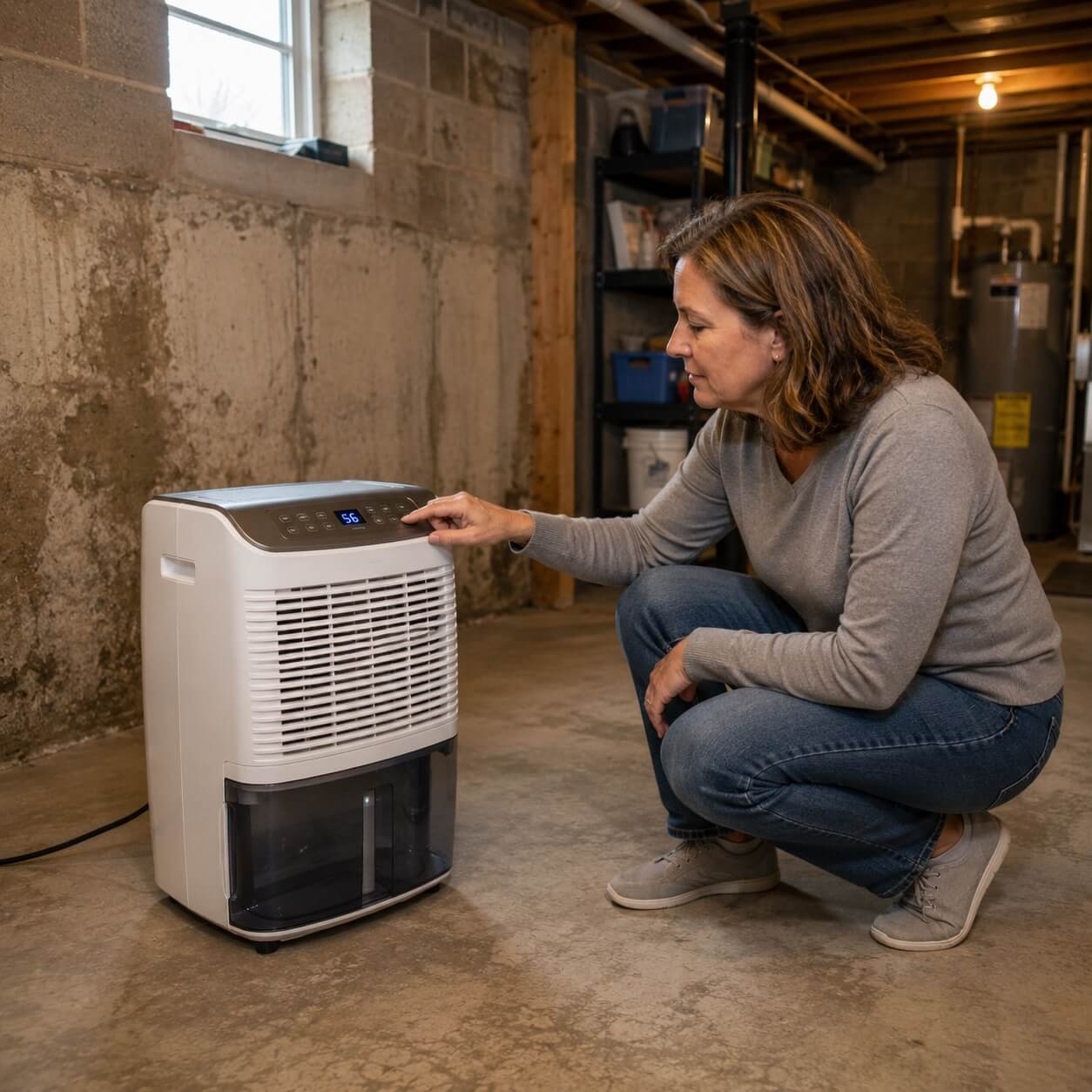 A woman checking her dehumidifier in a Kingston basement A woman checking her dehumidifier in a Kingston basement