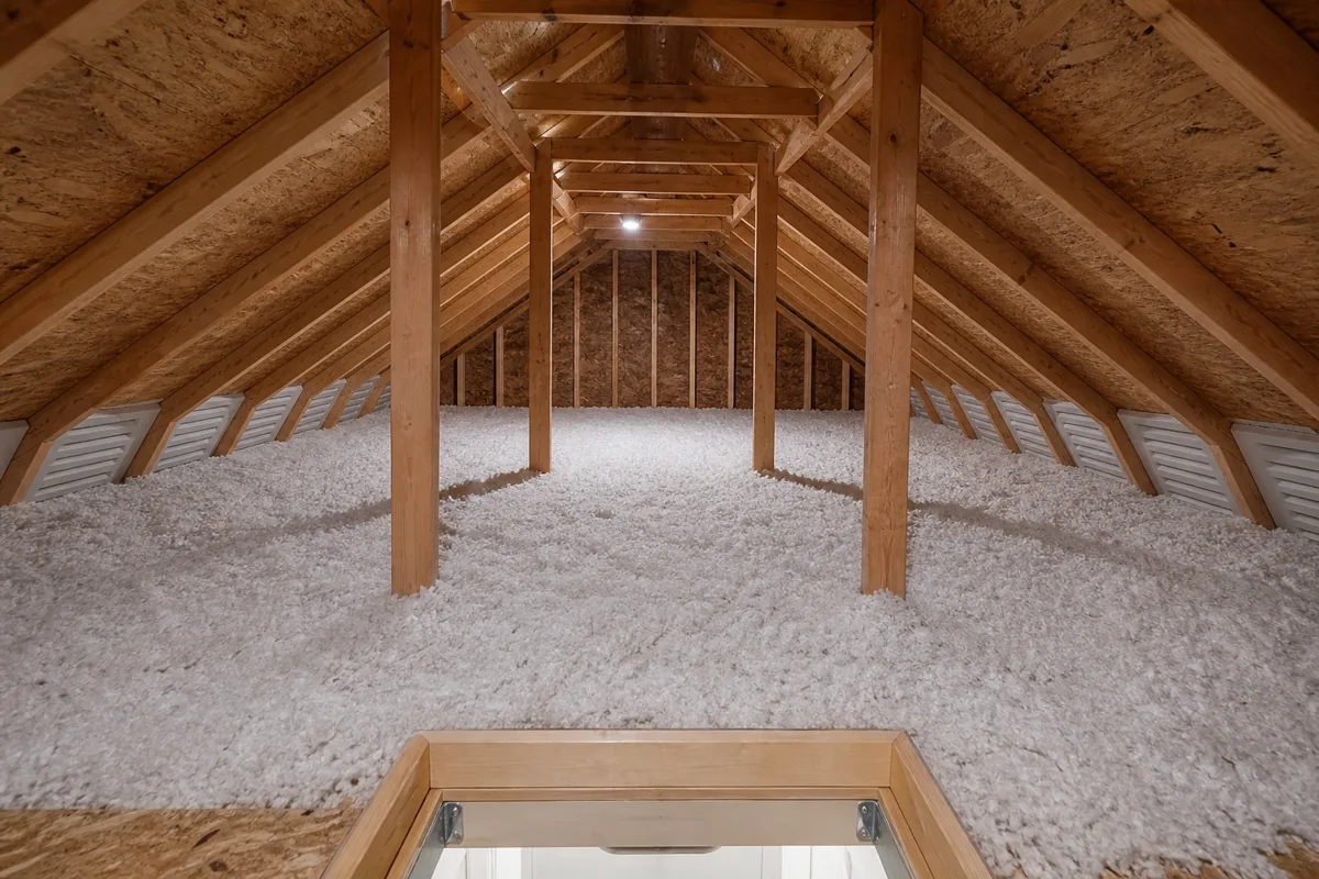Blown-in attic insulation with ventilation baffles installed