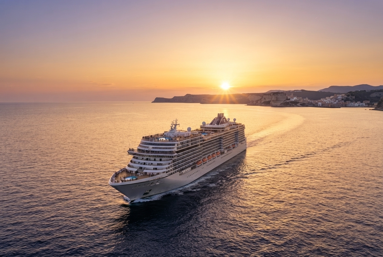 Crucero navegando por el Mediterráneo al atardecer