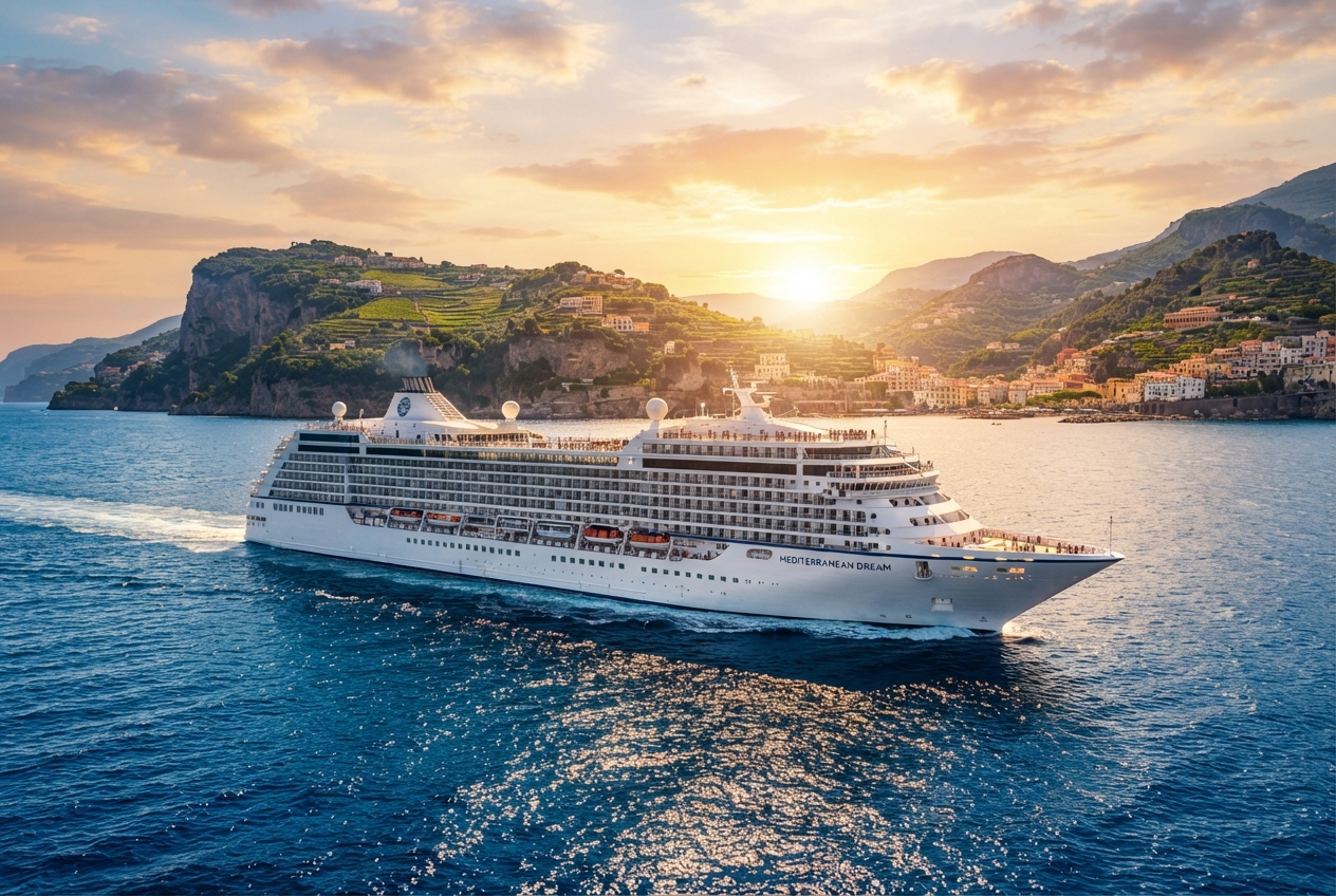 Crucero de lujo navegando por el Mediterráneo al atardecer