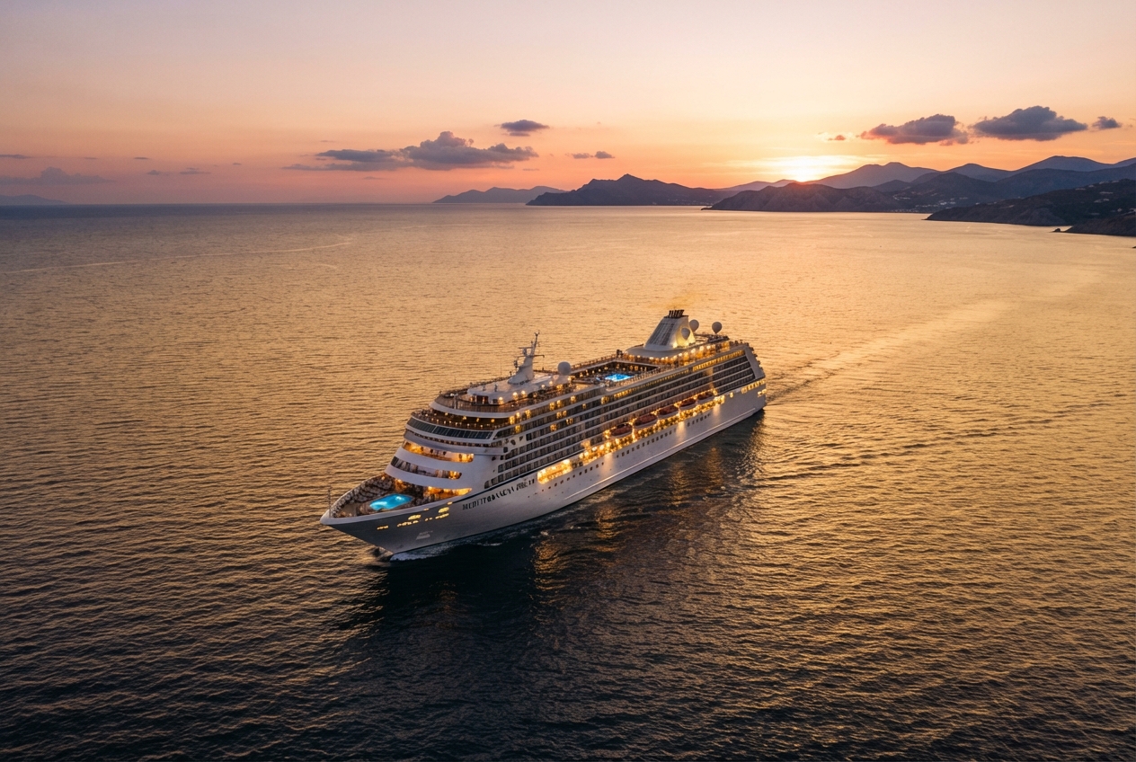 Crucero elegante navegando por el Mediterráneo al atardecer