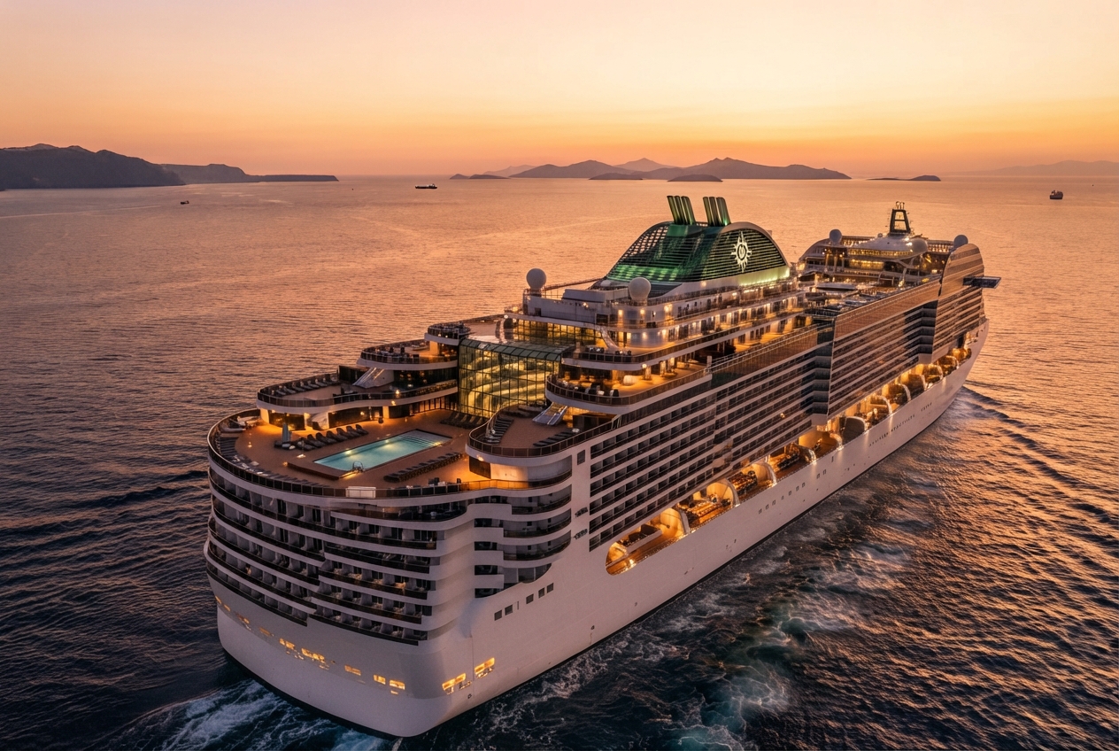 Crucero de lujo navegando por el Mediterráneo al atardecer