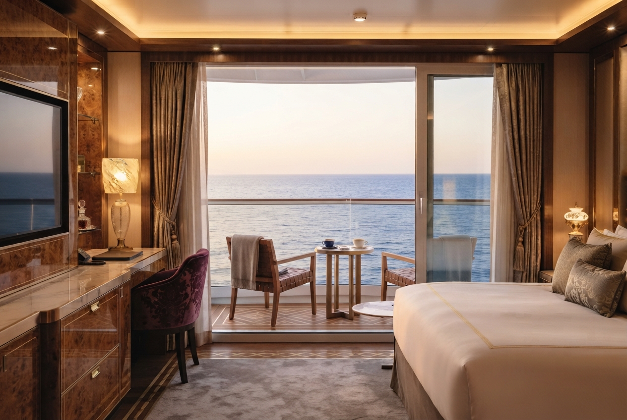 Balcón de un crucero de lujo con vistas al Mediterráneo