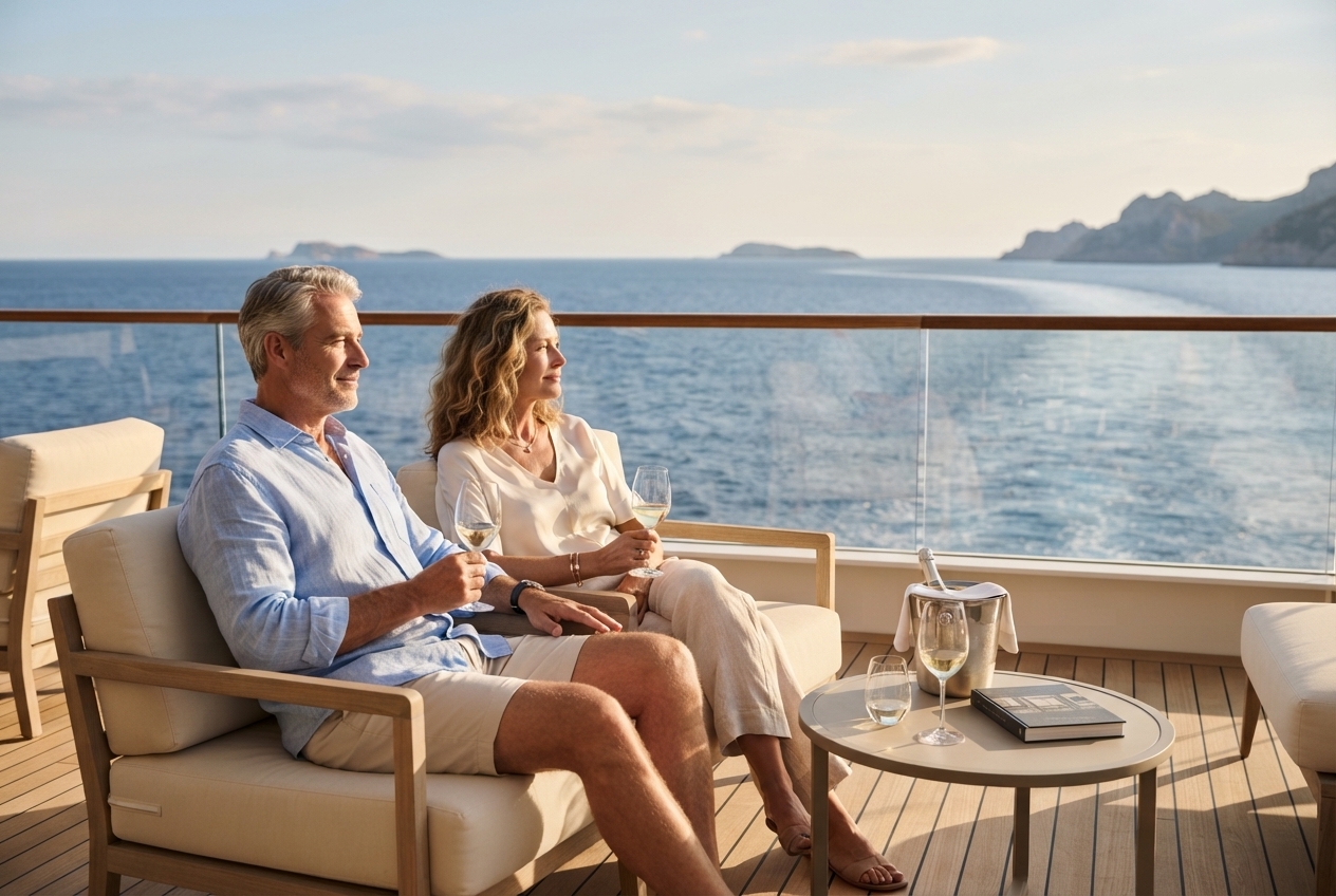Pareja disfrutando de una tarde a bordo de un crucero por el Mediterráneo
