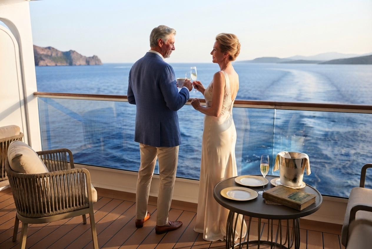 Pareja disfrutando de unas vacaciones a bordo de un crucero por el Mediterráneo