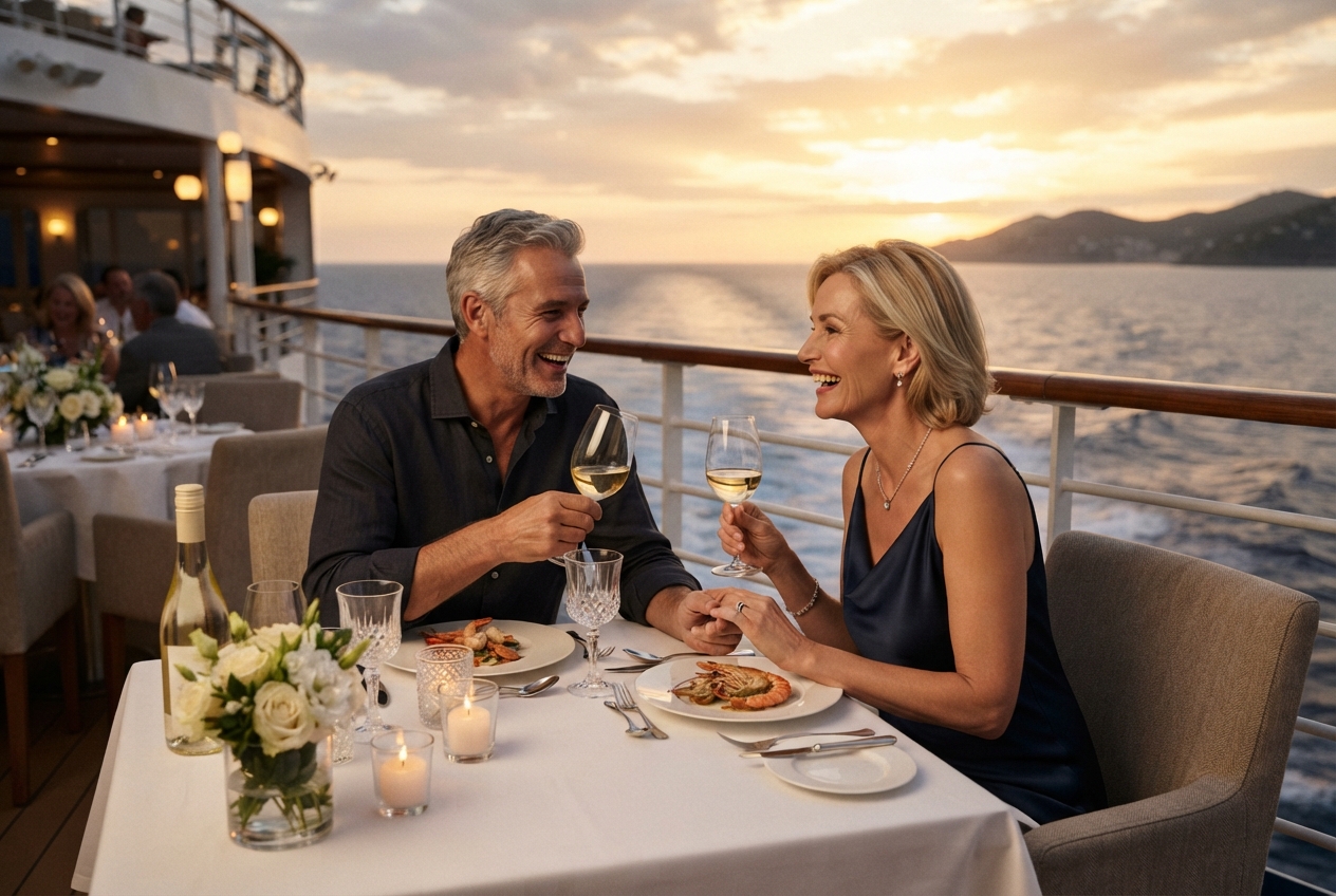Pareja disfrutando de una cena a bordo de un crucero por el Mediterráneo