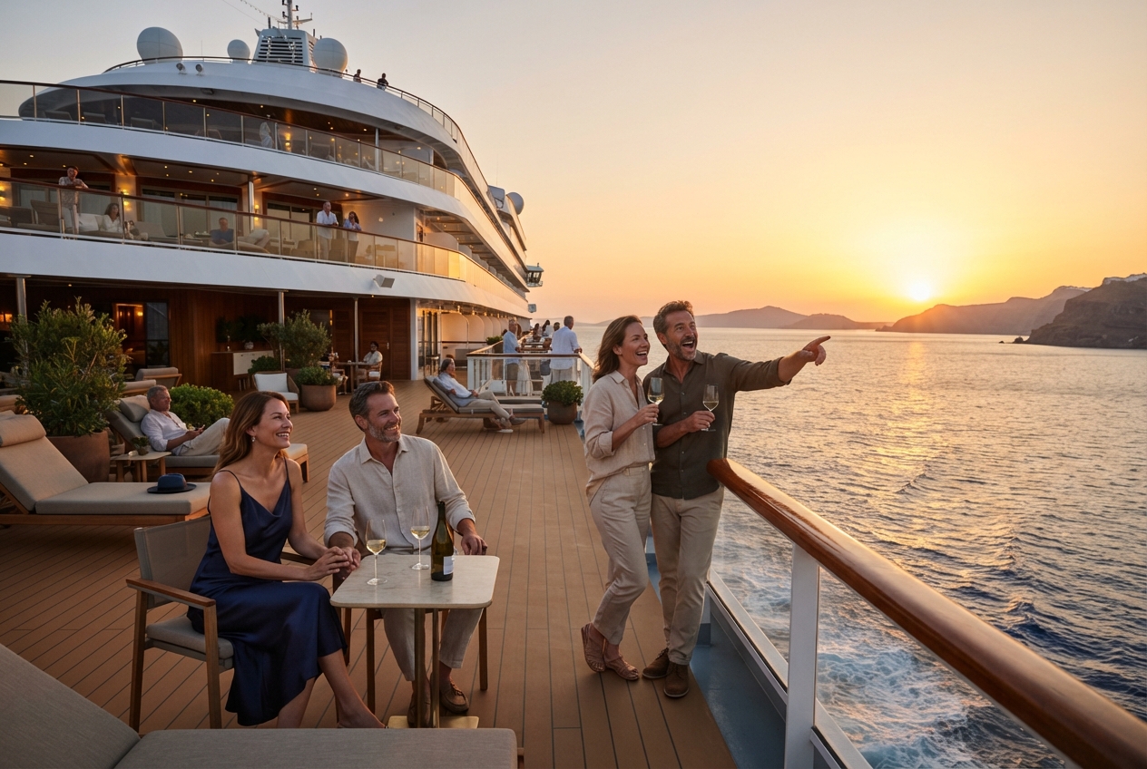 Crucero navegando al atardecer por el Mediterráneo