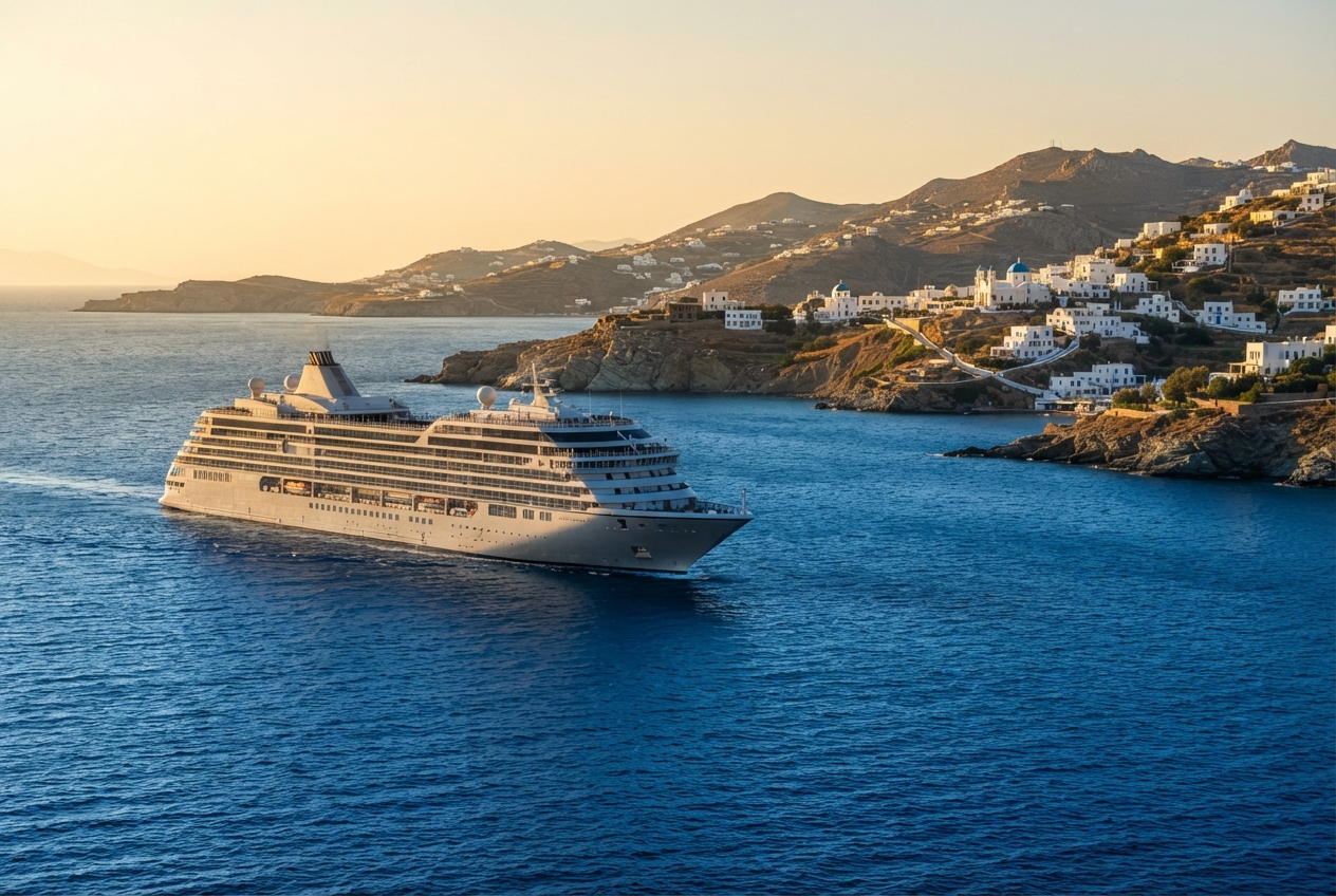 Crucero navegando por las Islas Griegas en el Mediterráneo