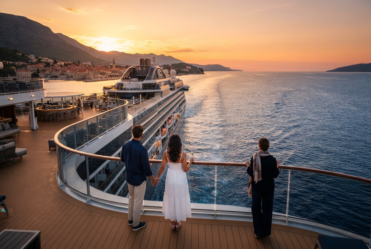 Crucero alejándose del puerto al atardecer