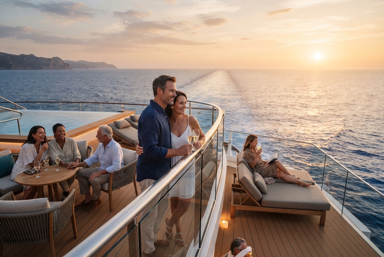 Pasajeros disfrutando del viaje a bordo de un crucero
