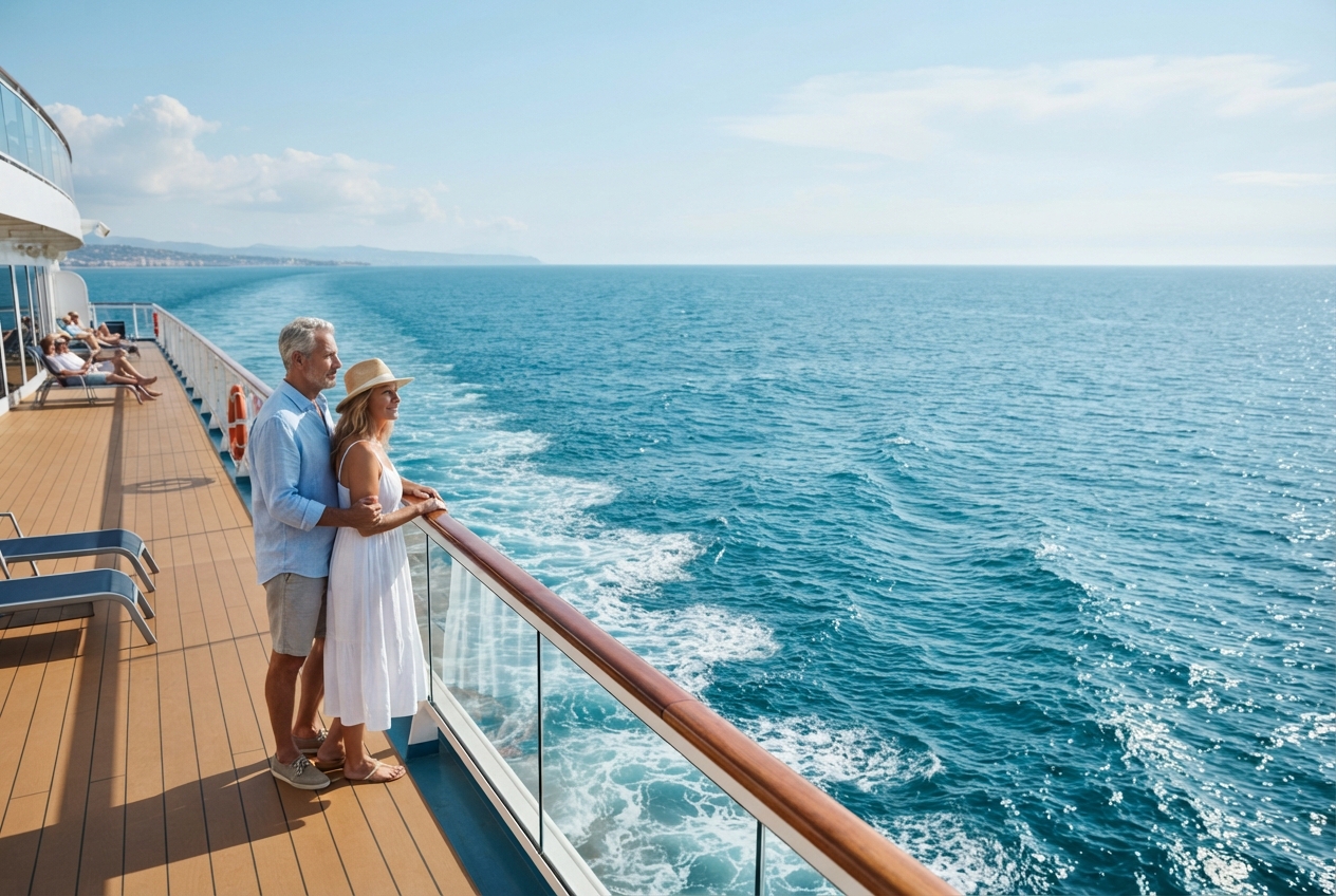 Pareja contemplando el mar desde la cubierta de un crucero