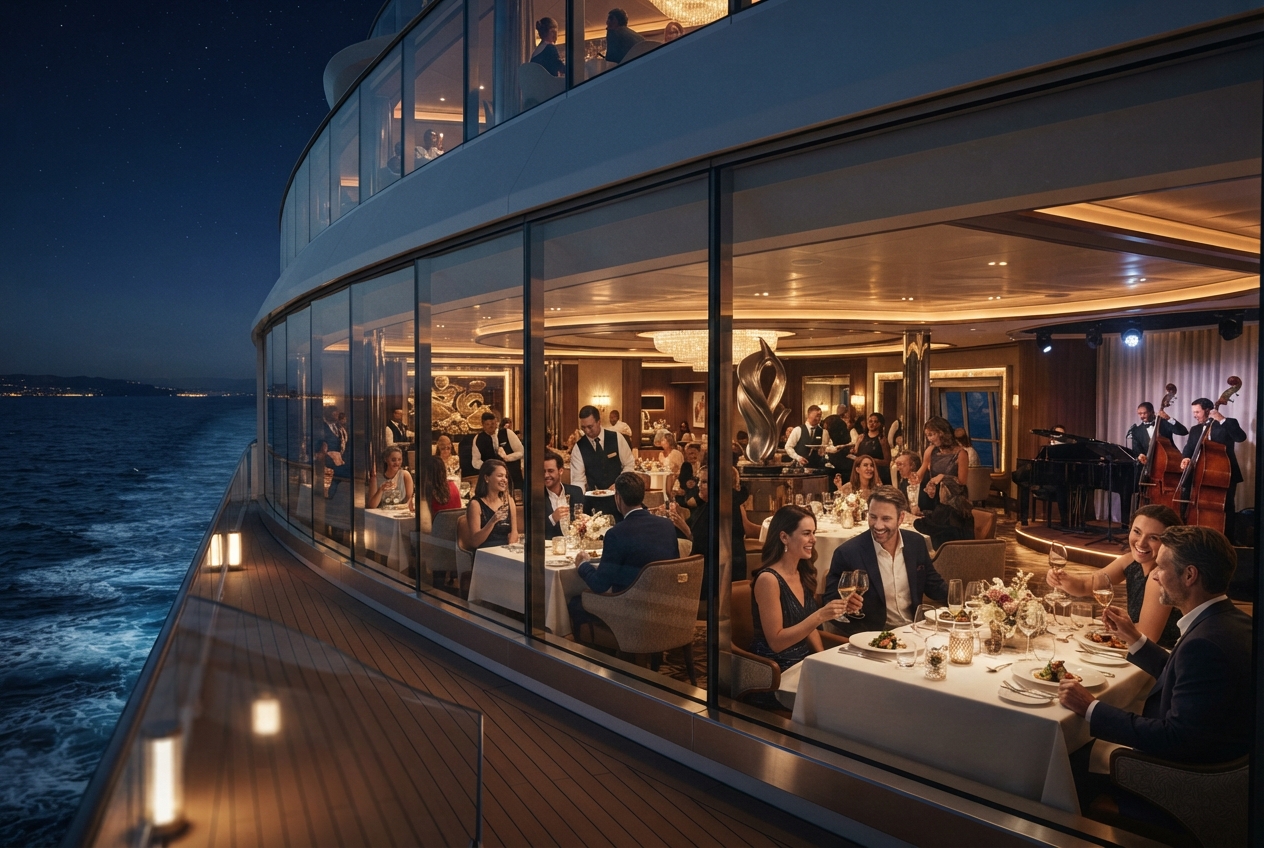 Pasajeros disfrutando de una noche a bordo de un crucero