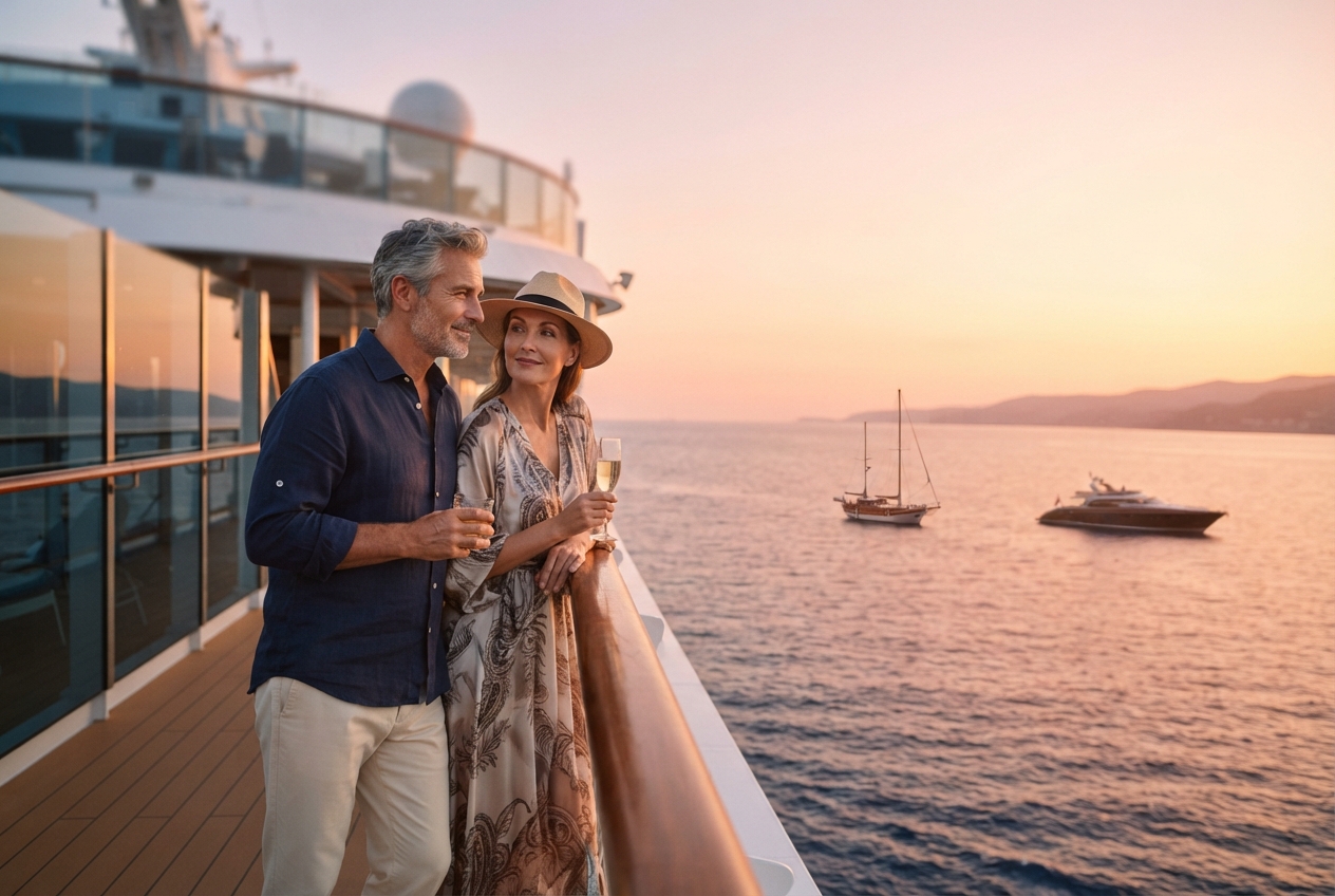 Pareja disfrutando de unas vacaciones en un crucero por el Mediterráneo