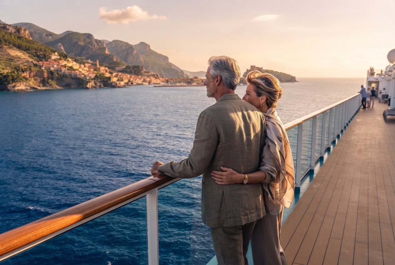 Pareja disfrutando de un crucero por el Mediterráneo