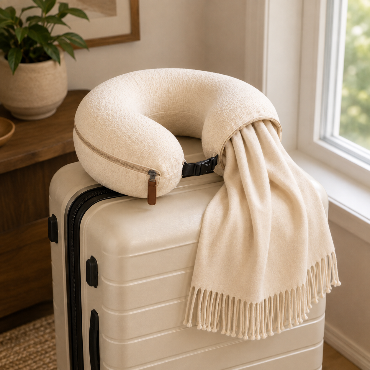The Schneck neck pillow with its shawl attached, resting on a suitcase, packed for the trip
