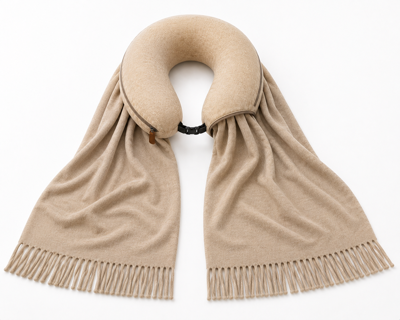 The Schneck neck pillow laid flat with its shawl attached