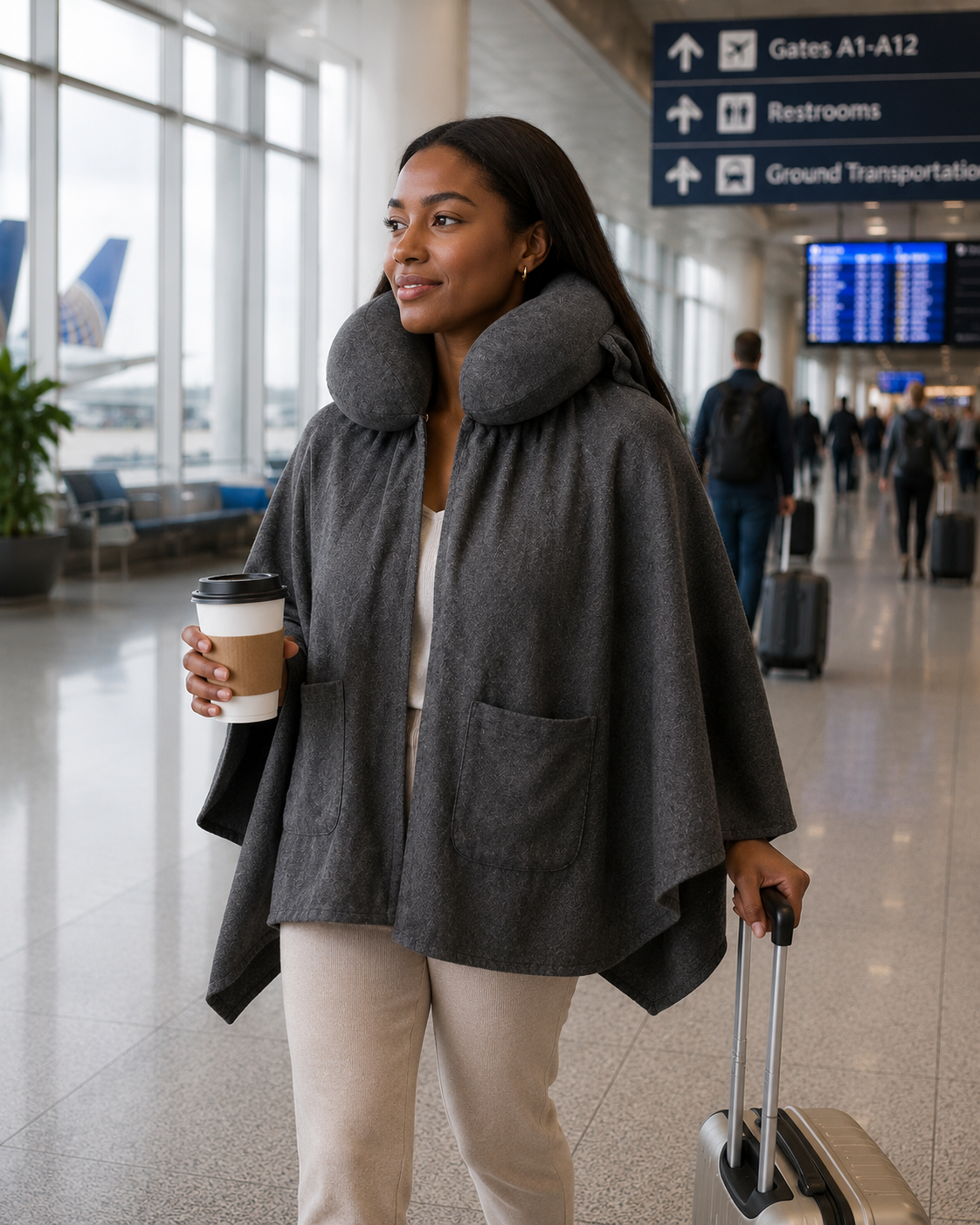 A traveler walking through the airport with coffee and a suitcase, wearing Schneck