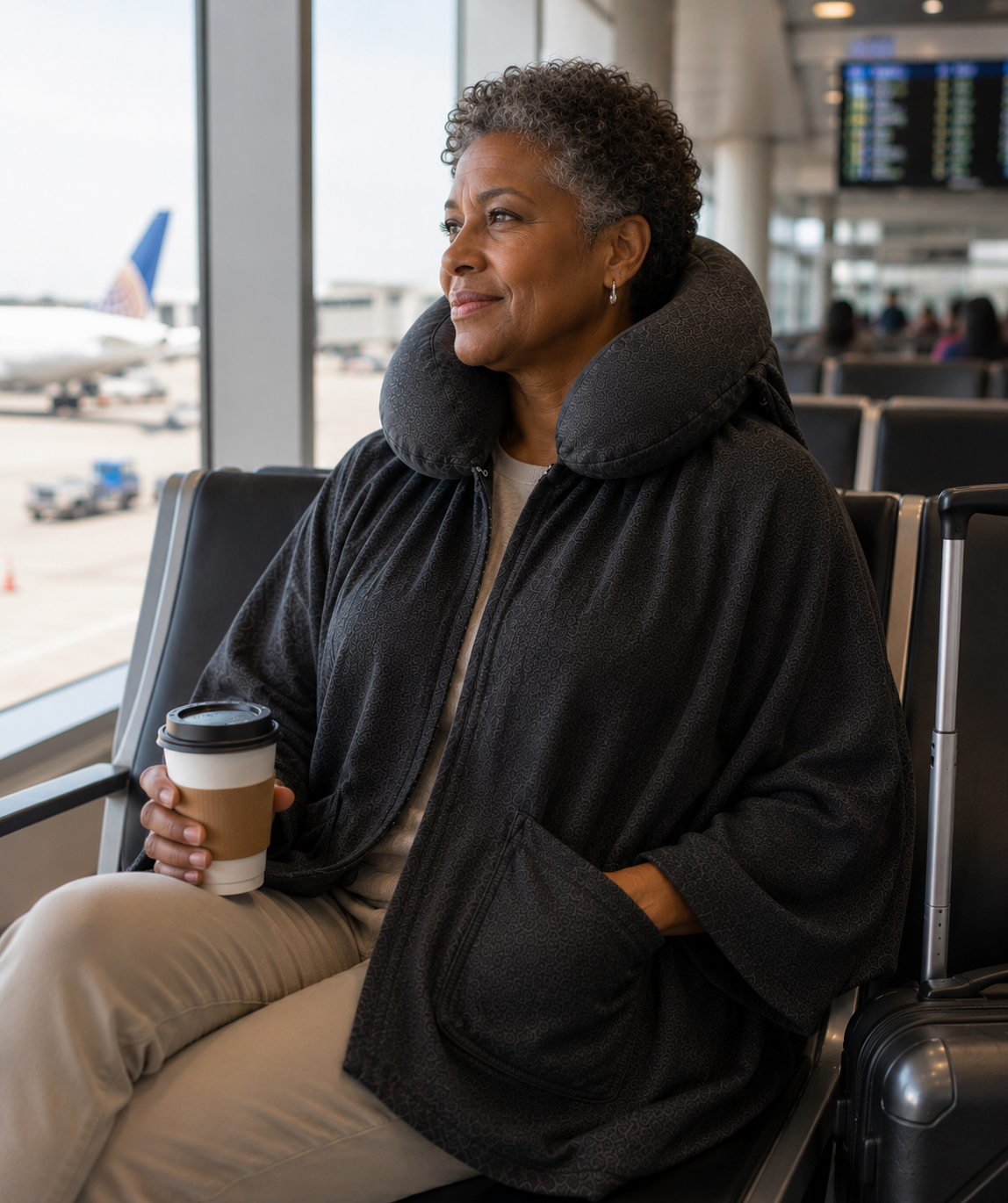 An older traveler waiting at the airport gate with coffee and her suitcase, one hand tucked in a Schneck pocket