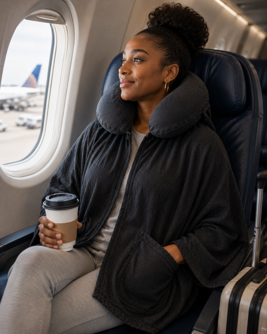 A traveler in a plane window seat with coffee, wrapped in the Schneck shawl with one hand in its pocket