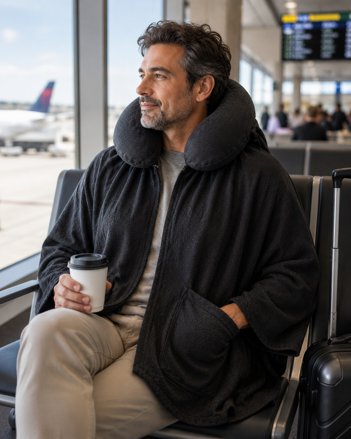 A traveler waiting at the airport gate with coffee, wrapped in Schneck