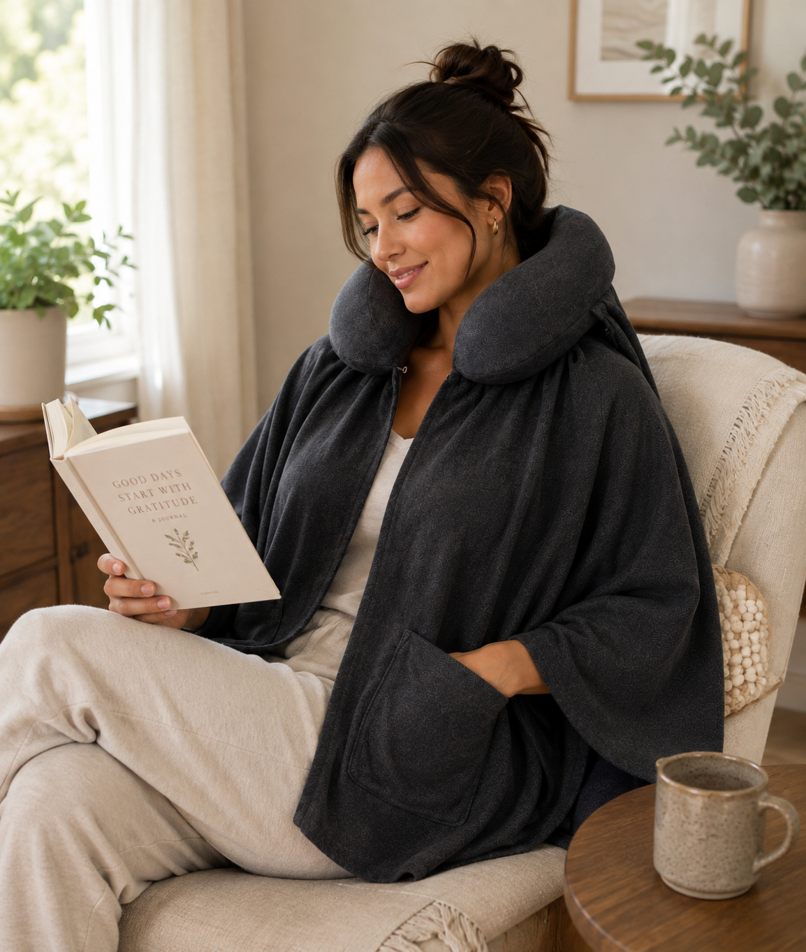 A woman reading in her favorite armchair at home with Schneck, one hand in its pocket and a warm mug beside her