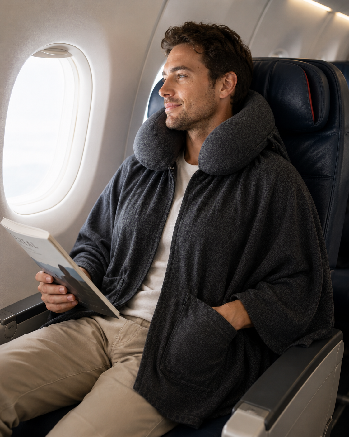 A passenger reading in his airplane seat, warm in the Schneck shawl